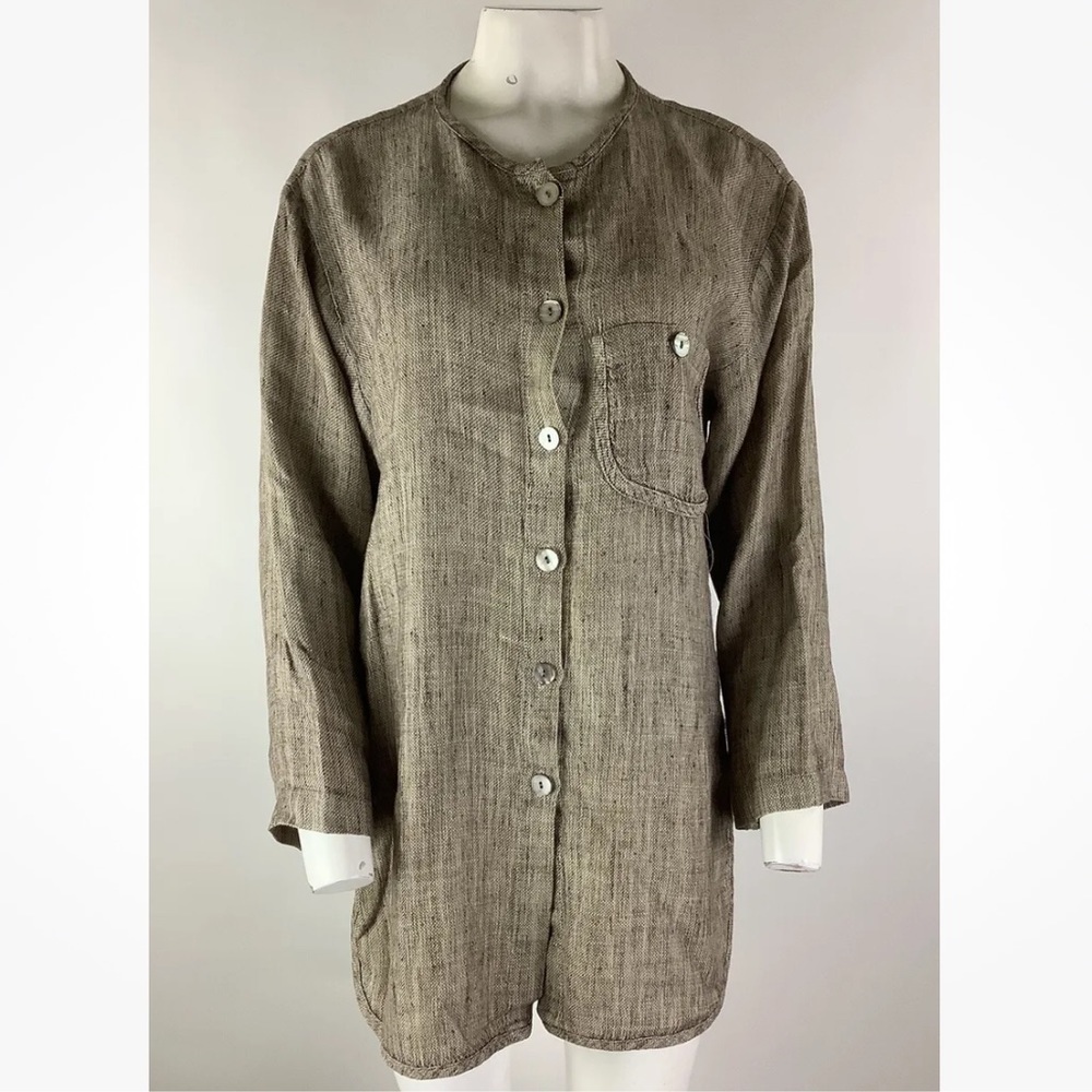 CTC Linens Sz S 100% Linen Gauze Button Tunic Top Brown Long Sleeve Casual